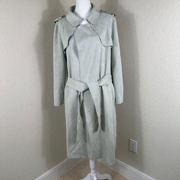 Few‎ Moda New York Trench Coat Women's Large Green Faux Suede Y2K Academia Boho - Picture 2 of 8